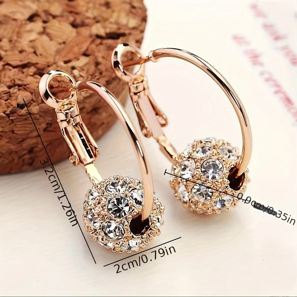 Crystal Ball Hoop Earrings Rhinestones Gold Boho Chic - Picture 4 of 6